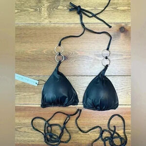 Monica Hansen Beachwear "Icon" Top with Rings - Sparkle Black | Large